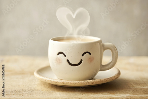 A coffee mug with steam shaped like a heart, winking as it sits on a saucer photo