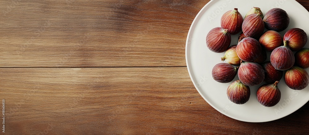 Obraz premium Fresh figs arranged on a white plate atop a wooden table providing ample space for text and creative culinary presentations.
