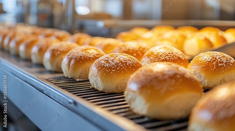 Freshly baked golden rolls on conveyor belt in modern bakery showcasing production process and quality baked goods