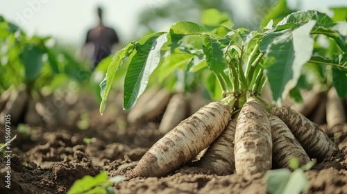 Cassava roots growing in field with farmer in background showcasing agricultural cultivation for farming and food industry photo