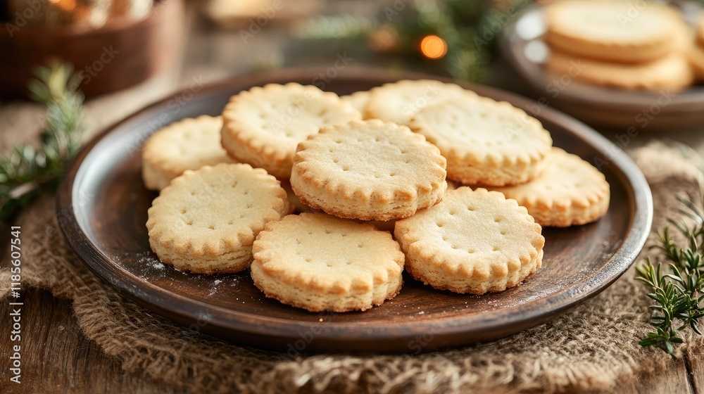 Rustic Serving Plate with Freshly Baked Shortbread Cookies Surrounded by Greenery and Warm Ambiance Rustic Serving Plate with Freshly Baked Shortbread Cookies Surrounded by Greenery and Warm Ambiance