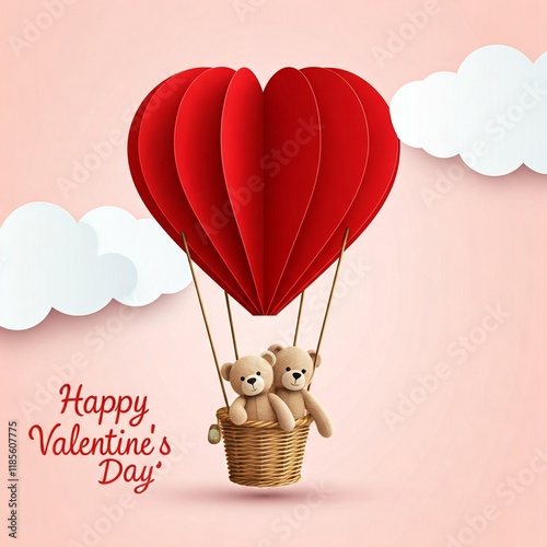 Valentine's Day, paper style, teddy bear on balloon.