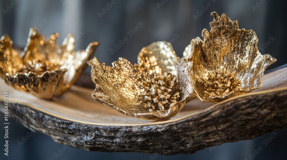 Elegant golden flower sculptures displayed on a wooden surface in an artisanal workshop setting showcasing craftsmanship and creativity. Elegant golden flower sculptures displayed on a wooden surface in an artisanal workshop setting showcasing craftsmanship and creativity.