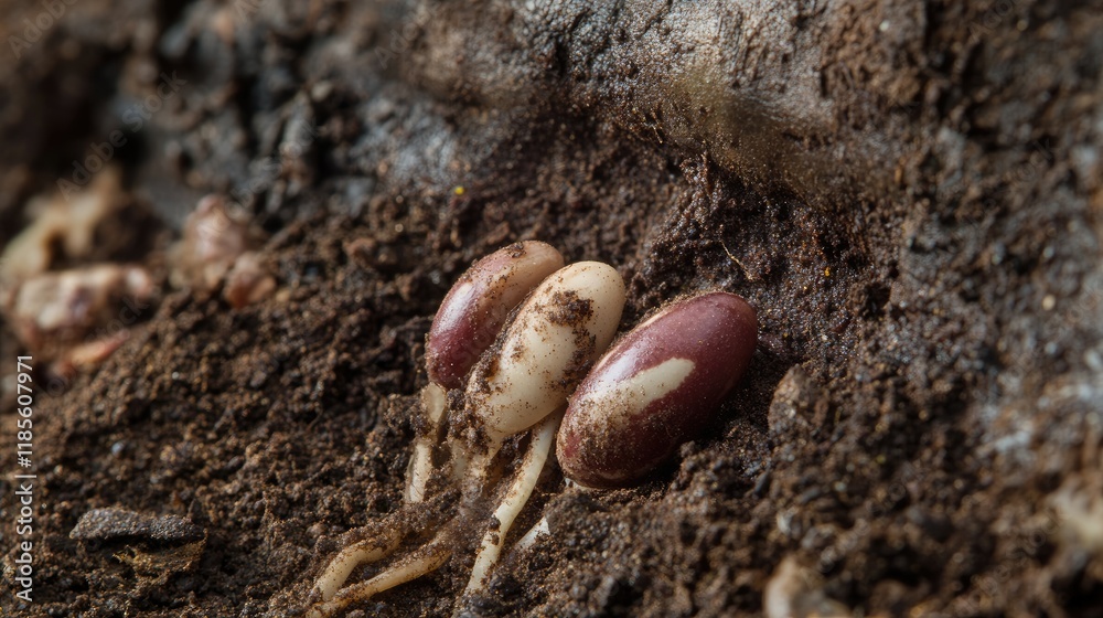 Germination of Bean Seeds in Soil Close Up of Young Seedlings Emerging and Sprouting Healthy Growth in Natural Environment Germination of Bean Seeds in Soil Close Up of Young Seedlings Emerging and Sprouting Healthy Growth in Natural Environment