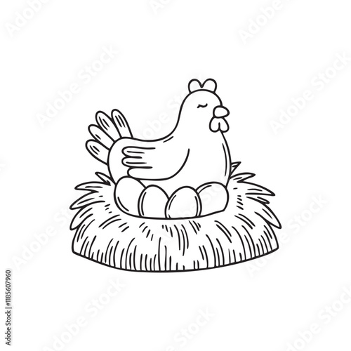 Hen sitting in a cozy nest, guarding its eggs