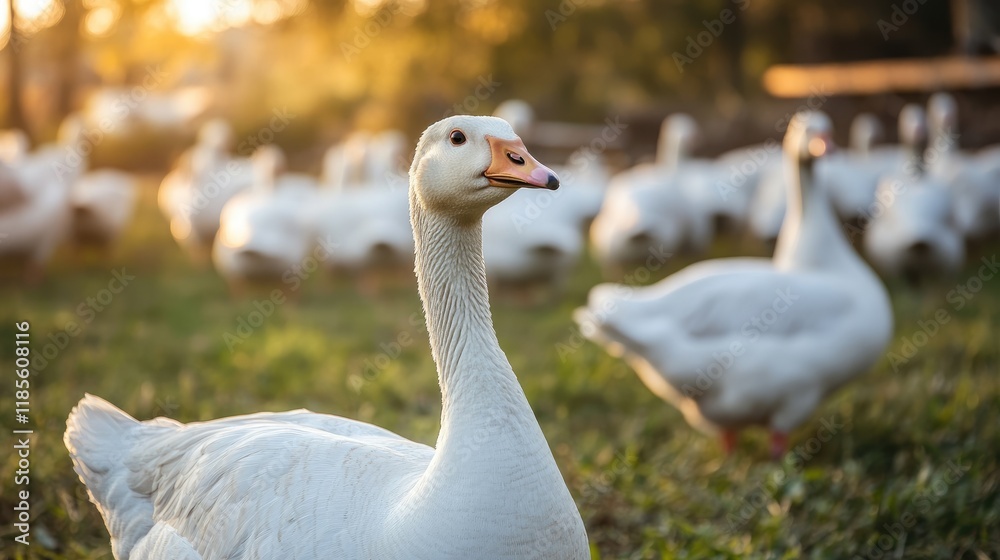 Gander in Farmyard Setting with Soft Sunlight and Flock of Geese in Background