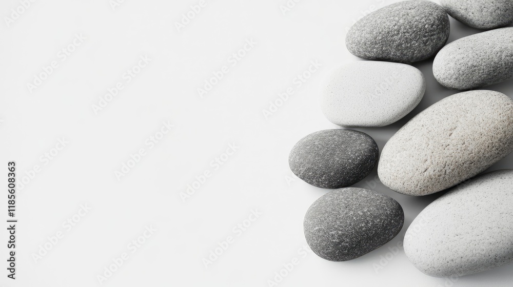 Smooth Gray Pebbles Arrangement on Minimal White Background for Tranquil Nature and Spa Design Concepts Smooth Gray Pebbles Arrangement on Minimal White Background for Tranquil Nature and Spa Design Concepts