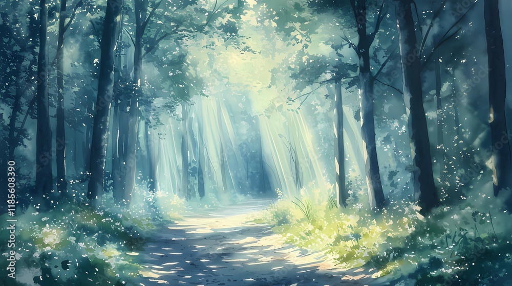 Fototapeta premium Soft watercolor illustration of a serene forest trail, dappled with sunlight streaming through tall trees.