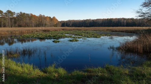 Calm marshland scene with lush greenery reflecting on still water under clear blue sky