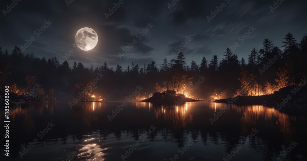 Fototapeta premium A fire burns in the darkness of a lake at night with a full moon overhead, environment, shadows, landscape