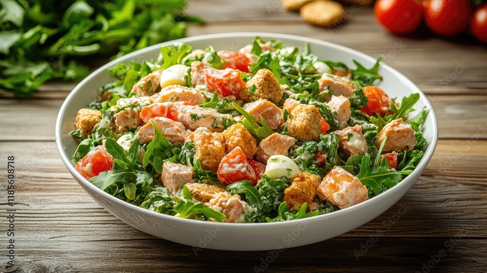 Vibrant tuna salad with tomatoes arugula and crackers in a white bowl surrounded by fresh ingredients on a rustic wooden table Vibrant tuna salad with tomatoes arugula and crackers in a white bowl surrounded by fresh ingredients on a rustic wooden table
