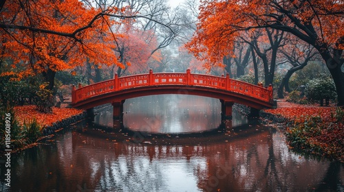Serene Autumnal Bridge in Japan's Enchanting Garden photo