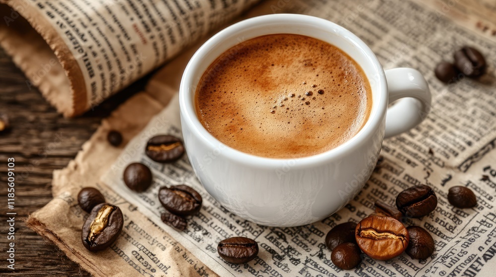 Espresso in White Mug Surrounded by Coffee Beans and Open Newspaper on Rustic Table
