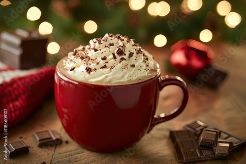 Cup of hot cocoa with whipped cream and chocolate shavings photo