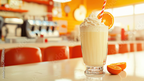 A creamy Orange Julius in a tall glass, blended with orange juice, milk, sugar, and ice. Set on a retro diner counter with bright orange accents, evoking a nostalgic and vibrant 1950s atmosphere.
