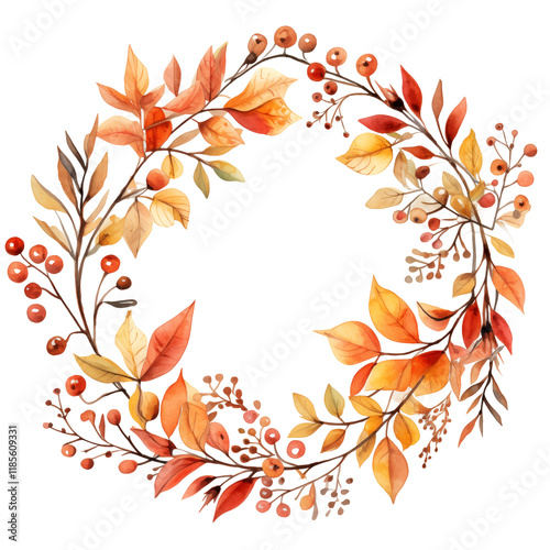 A beautifully arranged wreath made up of vibrant leaves and colorful berries set against a pristine white background, creating a striking visual contrast and enhancing the overall aesthetic appeal