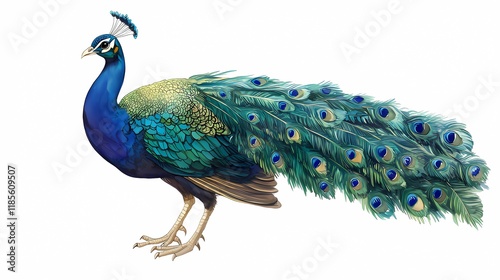 Hand-painted watercolor of a majestic peacock showcasing vibrant blue and green feathers. The intricate details and soft brushstrokes capture its elegance and charm