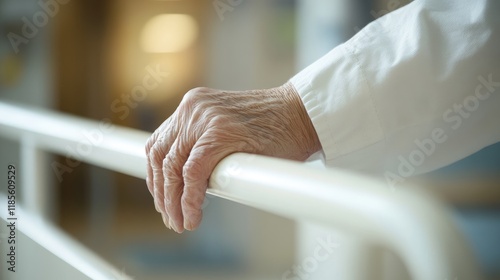 Caring hand gripping hospital bedside rail symbolizing support and healing in a medical environment