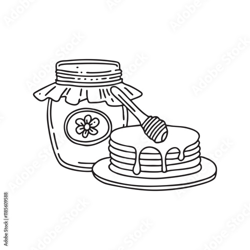 Honey jar sitting beside a stack of pancakes