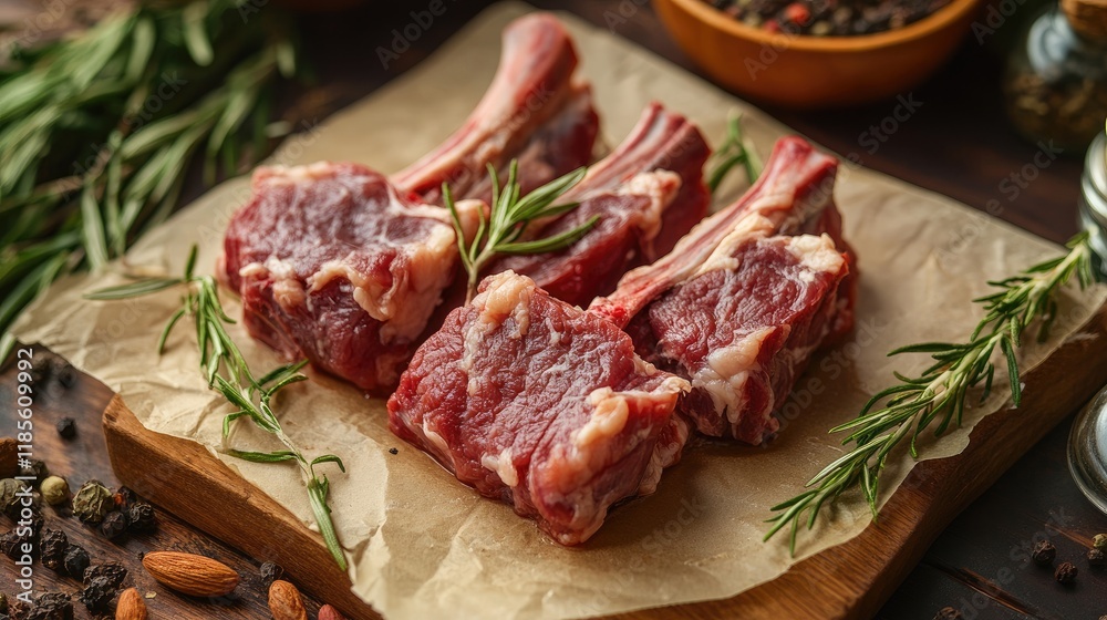 Farm-fresh goat meat cuts garnished with rosemary and spices on a wooden board for culinary and grocery presentations Farm-fresh goat meat cuts garnished with rosemary and spices on a wooden board for culinary and grocery presentations