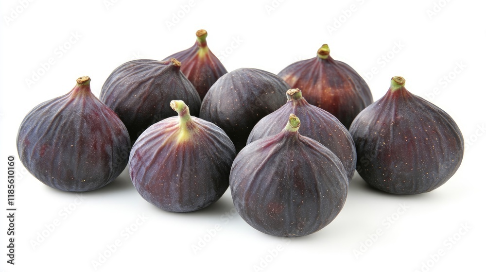 Fototapeta premium Fresh figs arranged in a geometric pattern on a clean white background showcasing their rich color and natural texture