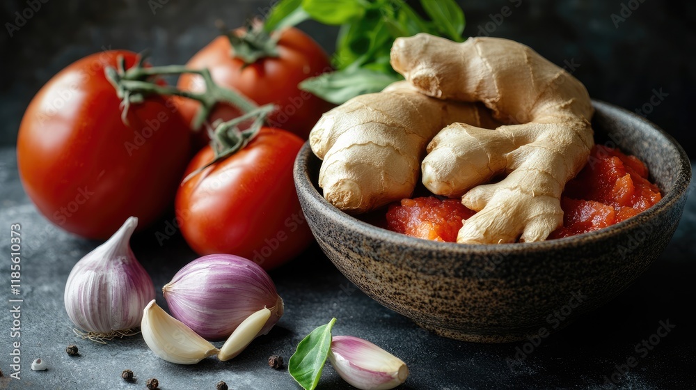 Fresh Ginger Garlic Onion and Tomato Puree Essential Ingredients for Cooking in Rustic Bowl Over Dark Moody Background Fresh Ginger Garlic Onion and Tomato Puree Essential Ingredients for Cooking in Rustic Bowl Over Dark Moody Background