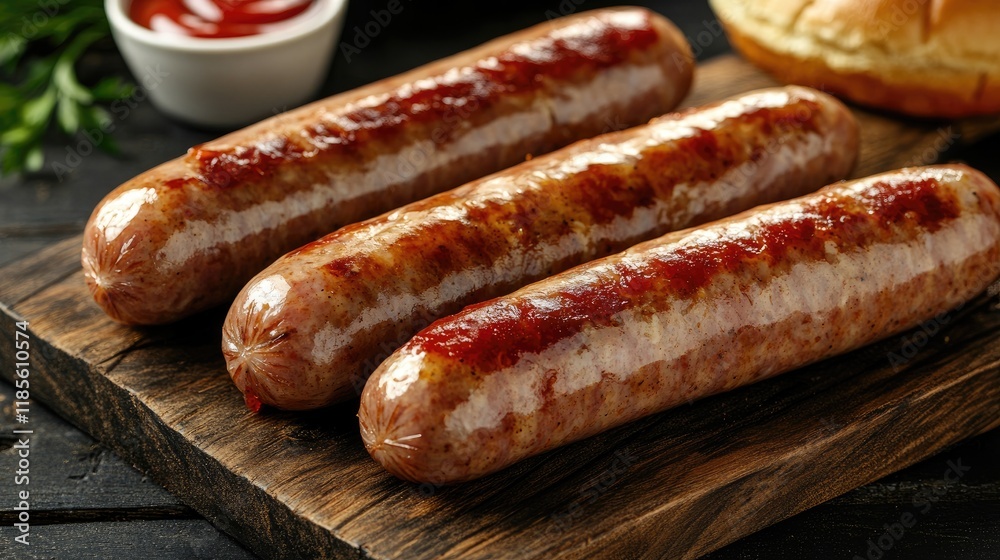 Grilled frankfurter sausages served with ketchup on a rustic wooden cutting board alongside a bun top view cooking concept Grilled frankfurter sausages served with ketchup on a rustic wooden cutting board alongside a bun top view cooking concept