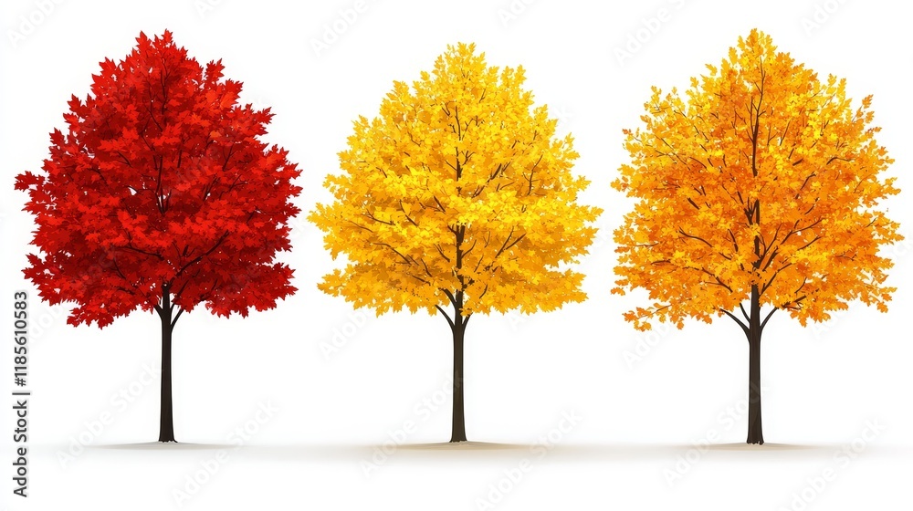 Three stylized autumn trees showcasing vibrant red, yellow, and gold foliage Three stylized autumn trees showcasing vibrant red, yellow, and gold foliage