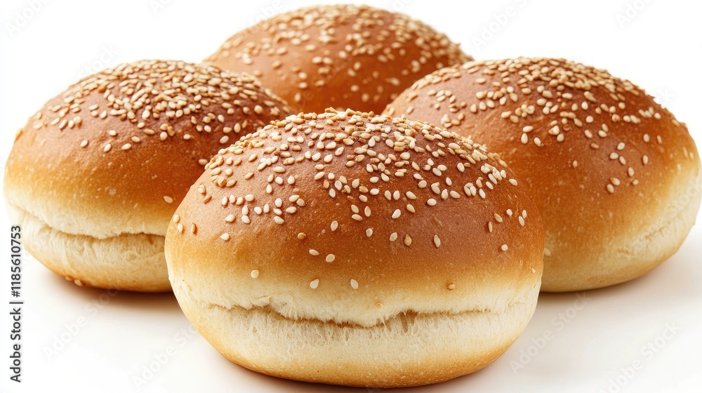 Sesame seed hamburger buns arranged on a white background highlighting their texture and golden color perfect for culinary use and food photography. Sesame seed hamburger buns arranged on a white background highlighting their texture and golden color perfect for culinary use and food photography.