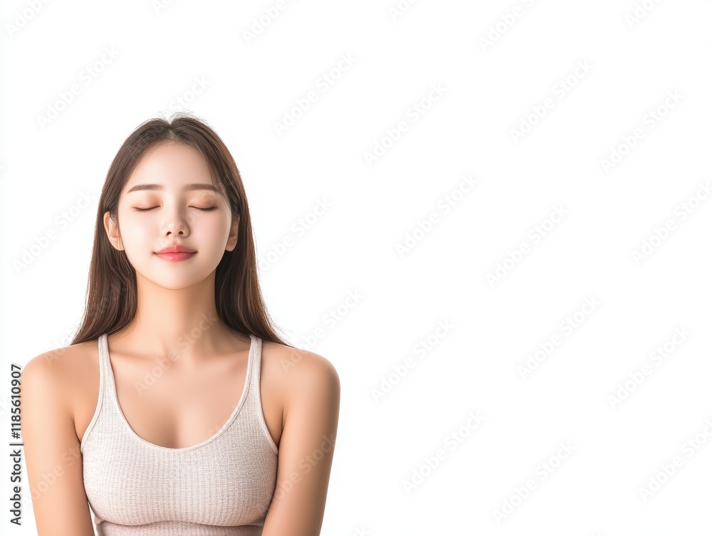 Woman finds tranquility, a serene moment of selfcare with closed eyes in quiet solitude Woman finds tranquility, a serene moment of selfcare with closed eyes in quiet solitude
