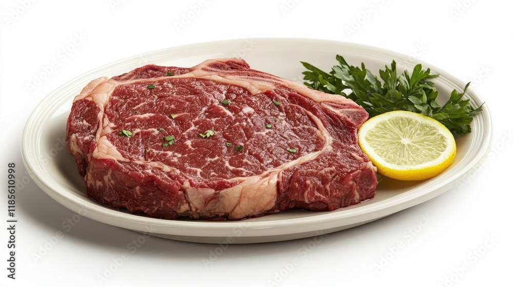 Savory beef steak uncooked on a plate with fresh lemon and parsley highlighting rich textures and quality of premium meat cuts Savory beef steak uncooked on a plate with fresh lemon and parsley highlighting rich textures and quality of premium meat cuts
