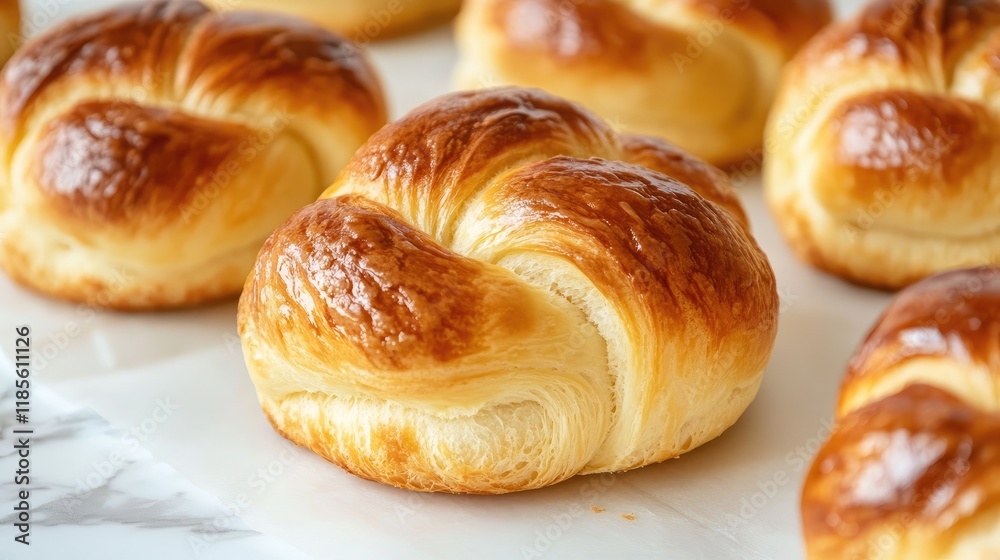 Freshly Baked Golden Brioche Pastry Buns Displayed on a Light Background in a Cozy Kitchen Setting Freshly Baked Golden Brioche Pastry Buns Displayed on a Light Background in a Cozy Kitchen Setting
