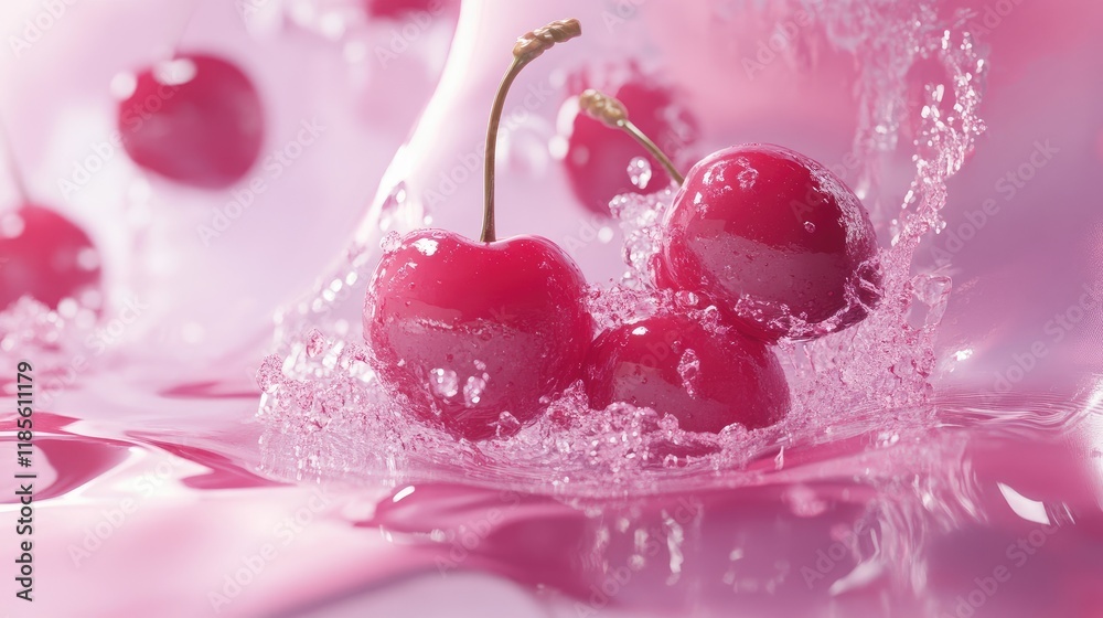 Juicy ripe cherries splashing in water with soft pink background showcasing freshness and vitality of summer fruits