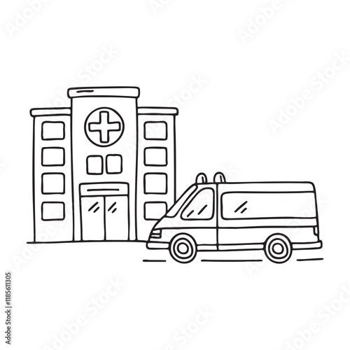 Ambulance parked outside the entrance of a busy hospital