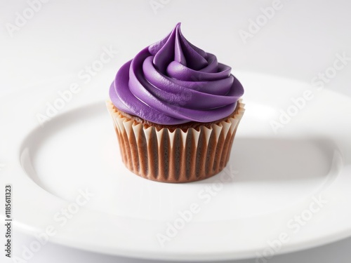 A delicious purple cupcake with swirled frosting on a white plate, festive eatery, colorful dessert