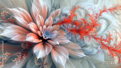 Dreamlike Fractal Flower:  A Symphony of Peach, Grey, and Coral Hues