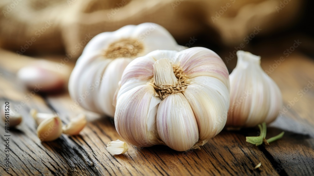 Garlic bulbs and cloves arranged on a rustic wooden table surface with a natural background for culinary and health themes Garlic bulbs and cloves arranged on a rustic wooden table surface with a natural background for culinary and health themes