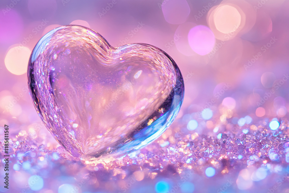 Fototapeta premium Glass heart resting on a bed of shimmering glitter