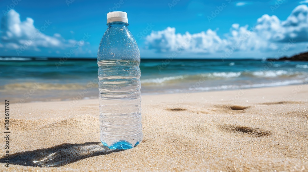 Refreshing water bottle on sandy beach with sparkling ocean and clear blue sky on a bright sunny day Refreshing water bottle on sandy beach with sparkling ocean and clear blue sky on a bright sunny day