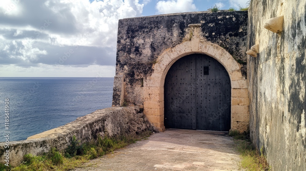 Fototapeta premium Historic steel door of a gun bay in a fort by the Knights of St John overlooking the sea with cloudy skies in the background