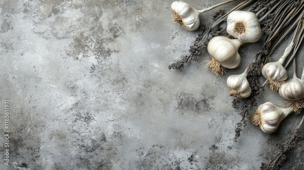 Fototapeta premium Fresh garlic bulbs arranged on a textured concrete surface showcasing their natural beauty and rustic appeal in selective focus.