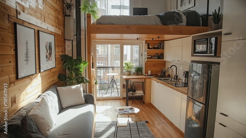 A tiny home room with multifunctional furniture for smart space usage 