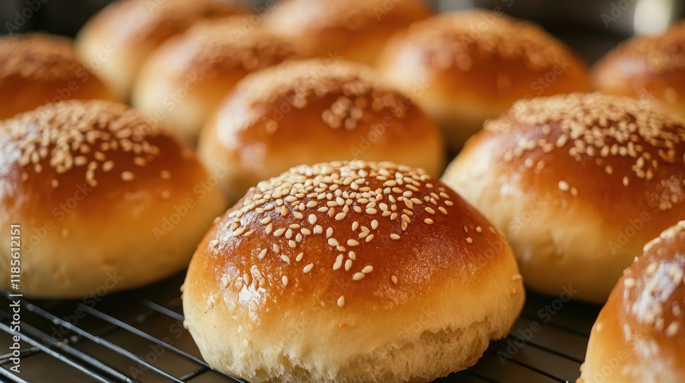 Golden Brown Sesame Seed Buns Freshly Baked on Cooling Rack Perfect for Burgers or Sandwiches Culinary Delight in Bakery Setting Golden Brown Sesame Seed Buns Freshly Baked on Cooling Rack Perfect for Burgers or Sandwiches Culinary Delight in Bakery Setting