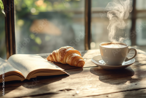 Freshly baked croissant and steaming coffee cup next to an open book on a rustic wooden table near a bright window photo