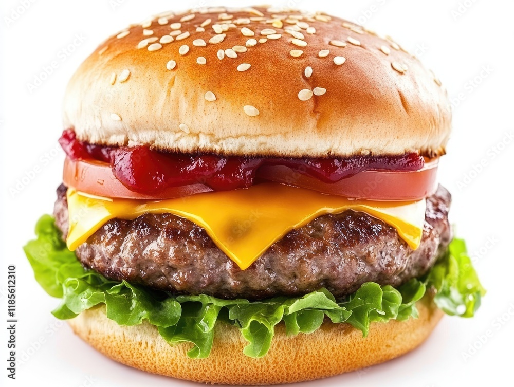 Delicious Hamburger on White: Juicy Layers of Beef, Cheese, Fresh Lettuce, and Soft Bread Delicious Hamburger on White: Juicy Layers of Beef, Cheese, Fresh Lettuce, and Soft Bread