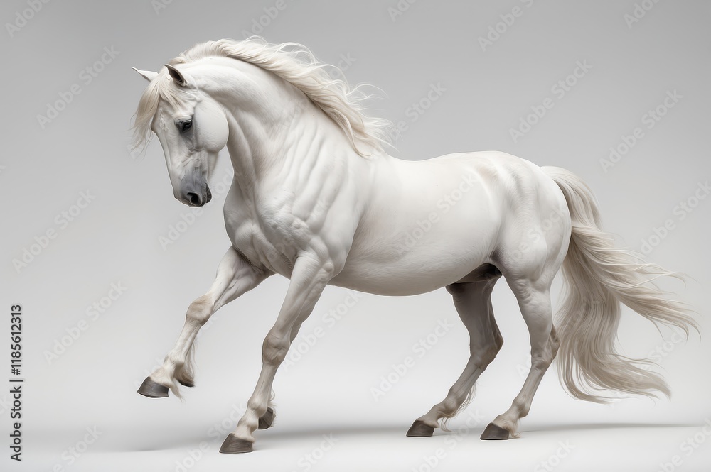 Majestic white stallion in dynamic pose against a neutral background. Majestic white stallion in dynamic pose against a neutral background.
