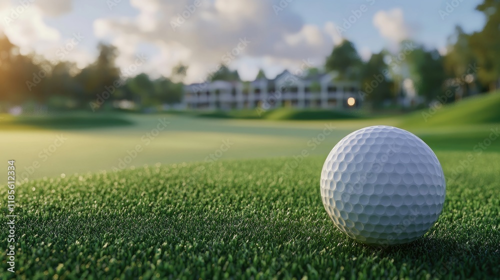 Golf ball resting on the green with clubhouse in the background during a sunny day on a picturesque golf course Golf ball resting on the green with clubhouse in the background during a sunny day on a picturesque golf course