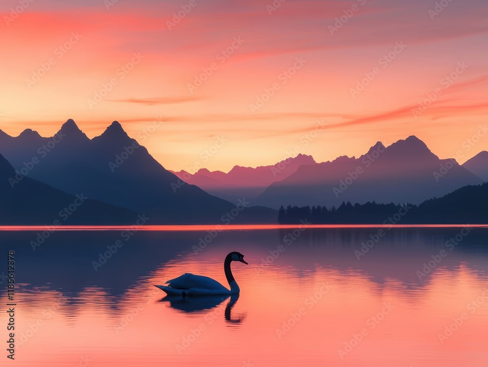 Serene Swan at Sunset with Reflective Mountains and Vibrant Sky Serene Swan at Sunset with Reflective Mountains and Vibrant Sky
