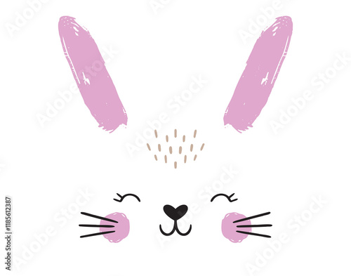 Happy Easter cute bunny face with smile. Easter decor for greeting card, poster, with cute, sweet hand drawn rabbit