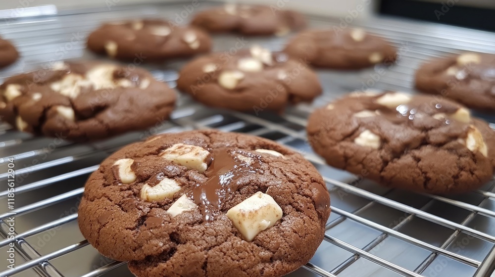 Decadent Chocolate Cookies Cooling on Rack with Melted Chocolate Drizzling Perfectly for a Delicious Homemade Treat Decadent Chocolate Cookies Cooling on Rack with Melted Chocolate Drizzling Perfectly for a Delicious Homemade Treat
